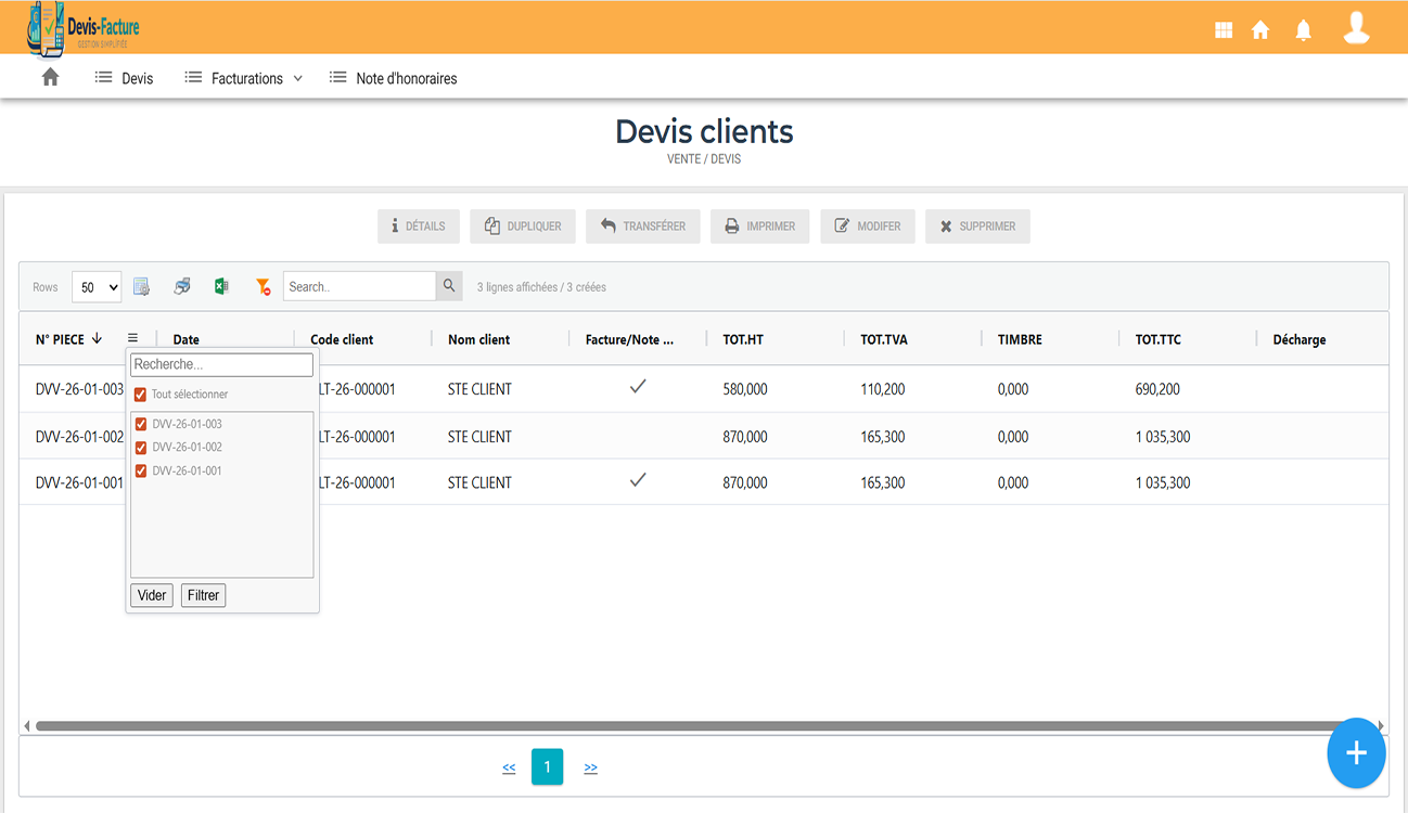Interface de création de devis DEVIS-FACTURE